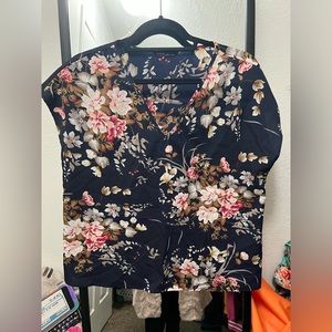 Navy floral top with unique neck line